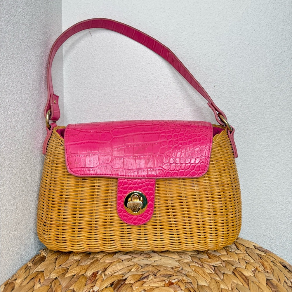 Worthington Wicker & Pink Top-Handle Purse Pink and Tan Woven Handbag